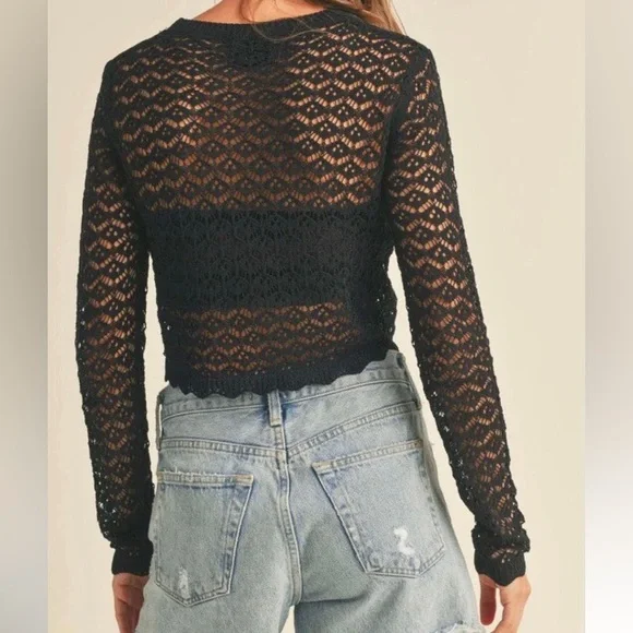 Miou Muse Black Middle of the Night Crochet Cropped Top size Medium - Picture 2 of 7